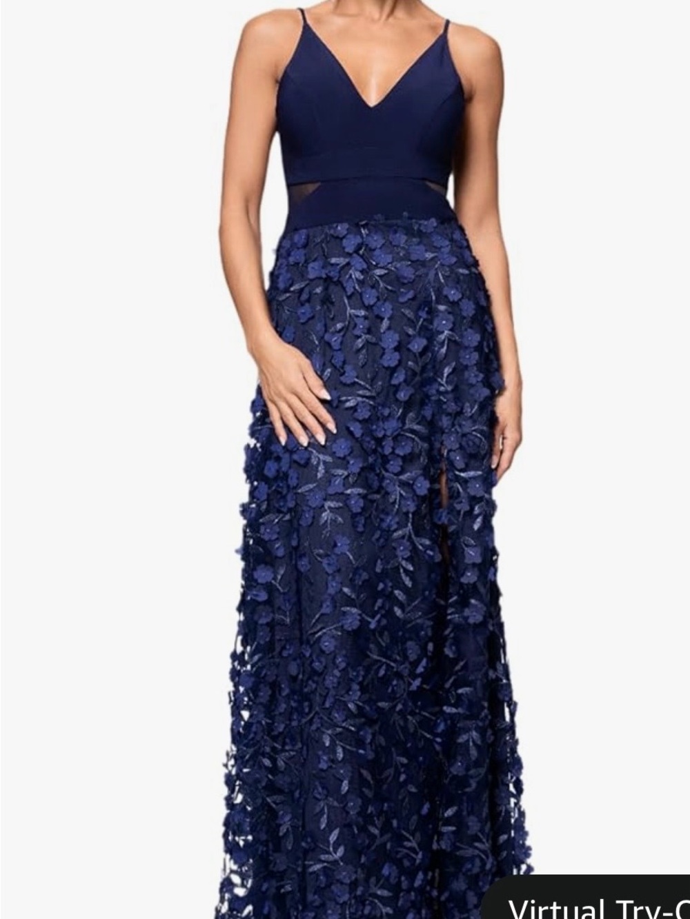 Xscare Navy Floral Appliqué V-Neck Evening Dress